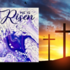 beautiful 8x10 fluid art canvas in a Dutch Pour - colors are shades of purple and white with the words "He Is Risen" handpainted in deep purple