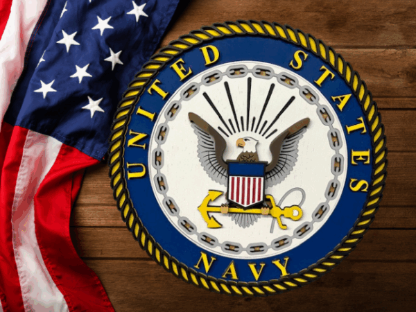 U.S. Navy Laser-Cut Emblem Sign is painted in crisp navy blue, golden-yellow, and vibrant red - features the navy emblem, eagle, and shield - approximately 11" around