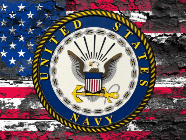 U.S. Navy Laser-Cut Emblem Sign is painted in crisp navy blue, golden-yellow, and vibrant red - features the navy emblem, eagle, and shield - approximately 11" around