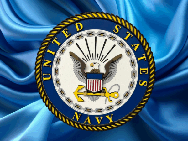 U.S. Navy Laser-Cut Emblem Sign is painted in crisp navy blue, golden-yellow, and vibrant red - features the navy emblem, eagle, and shield - approximately 11" around