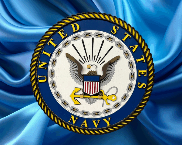U.S. Navy Laser-Cut Emblem Sign is painted in crisp navy blue, golden-yellow, and vibrant red - features the navy emblem, eagle, and shield - approximately 11" around