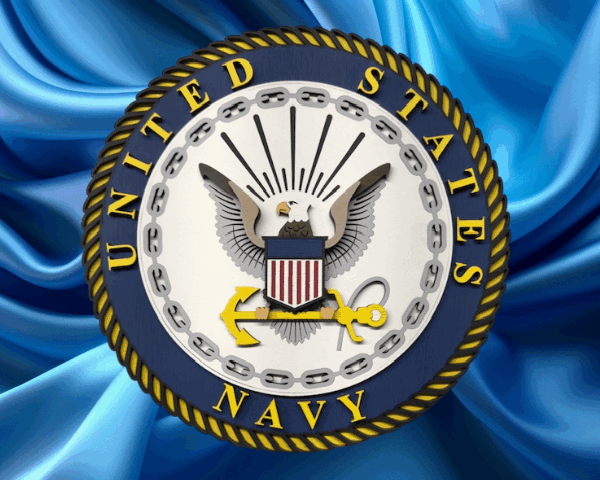 3D laser cut U.S. Navy emblem wood sign in Navy-inspired colors of blue and gold with a framed layout