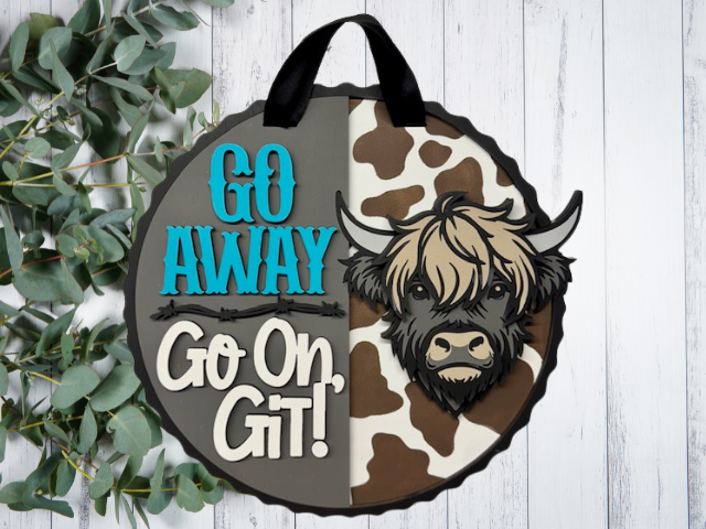 3D laser cut wood highland cow sign featuring a layered Highland cow and the phrase "Go Away Go On Git" in bold teal lettering
