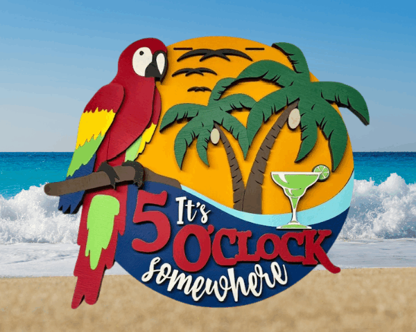 3d laser cut tropical parrot sign featuring vibrant colors of reds, greens, yellows, oranges and blues with a parrot, sunset, and palm trees - sign says "It's 5 o'clock somewhere"