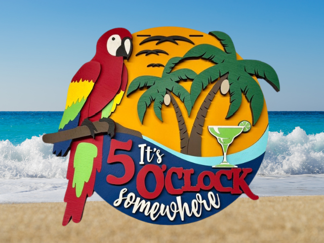 3d laser cut tropical parrot sign featuring vibrant colors of reds, greens, yellows, oranges and blues with a parrot, sunset, and palm trees - sign says "It's 5 o'clock somewhere"