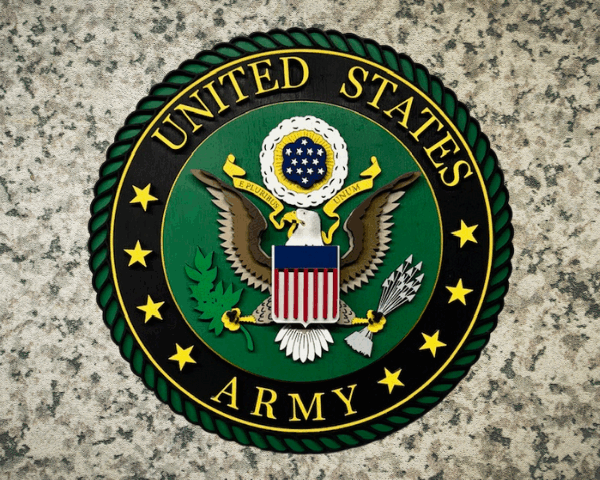 3D laser cut U.S. Army emblem wood sign in Army-inspired colors with a matching frame