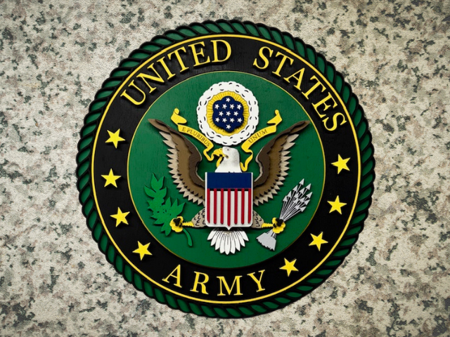 3D laser cut U.S. Army emblem wood sign in Army-inspired colors with a matching frame