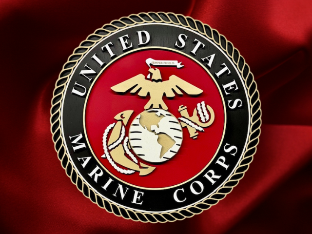 3D laser cut U.S. Marine Corps emblem wood sign in Marine-inspired colors of red, gold, and black with a framed design