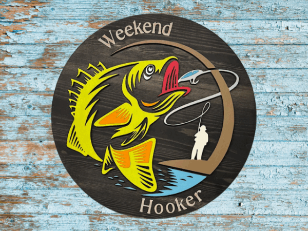 a rustic pine wood sign with a black stain finish, featuring laser-cut "Weekend Hooker" text, a vibrant lime green fish, and a fisherman silhouette, blending bold humor and fishing charm