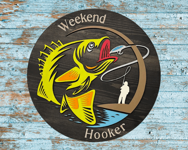 funny fishing sign with lime green fish and fisherman silhouette