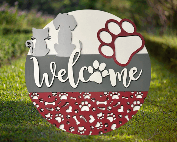 3D laser cut pet welcome wood sign with dog and cat silhouette and red paw accent