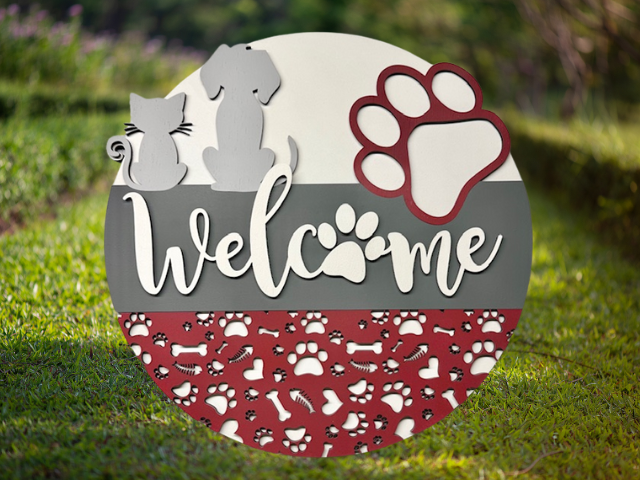 3D laser cut pet welcome wood sign with dog and cat silhouette and red paw accent