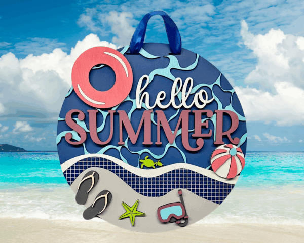 3D laser cut Hello Summer wood sign with bright summer details