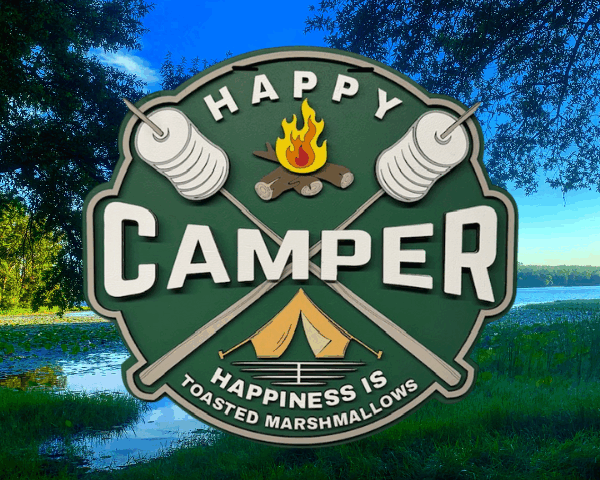 3D laser cut happy camper sign with campfire, toasted marshmallows, and raised glitter resin flames