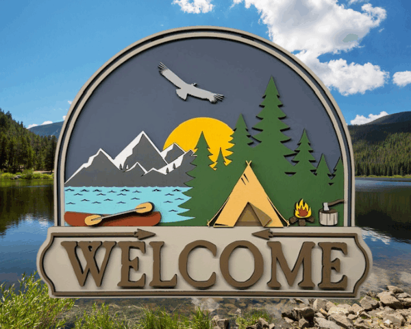 3D laser cut outdoor adventure welcome sign with mountains and camping scene