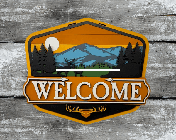 3D laser cut deer welcome sign with hunting-inspired orange and woodland scene