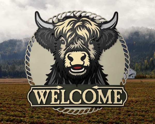 3D laser-cut wood highland cow welcome sign with a large highland cow face, curved horns, and the word "Welcome" in a woodsy green, designed in a rustic farmhouse style
