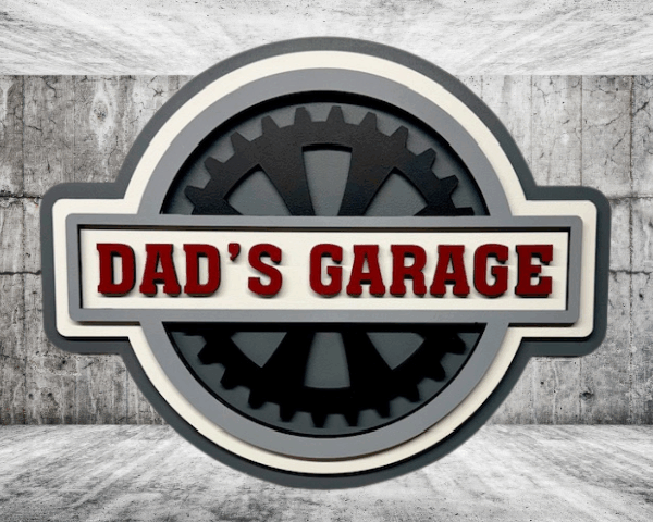 5-layer 3D laser cut Dad's Garage wood sign with red lettering and gear shift design