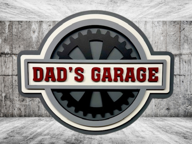 5-layer 3D laser cut Dad's Garage wood sign with red lettering and gear shift design
