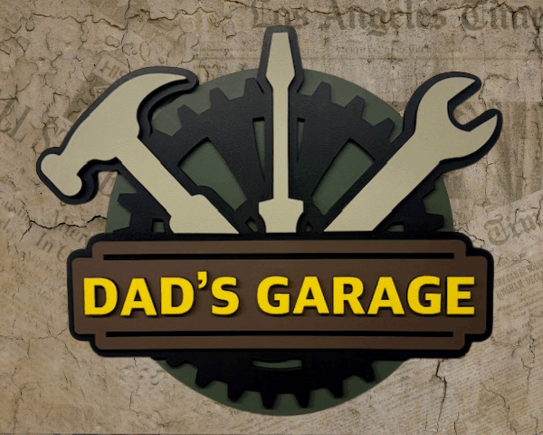 5-layer 3D laser cut Dad's Garage Tools wood sign with hunter green background and tool design