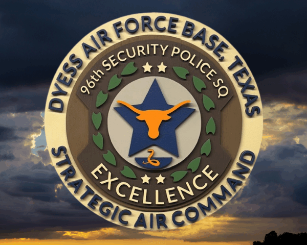 3D laser-cut Dyess Air Force Base Strategic Air Command wood sign in shades of brown and ivory with a blue star and bold orange longhorn in the center